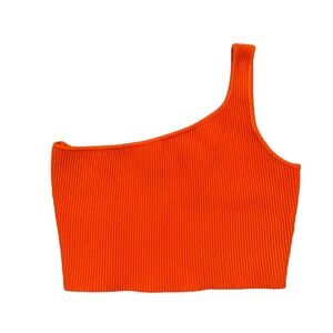 HOUSE OF HARLOW 1960 One Shoulder Ribbed Sculpt Knit Crop Top Neon Orange Medium